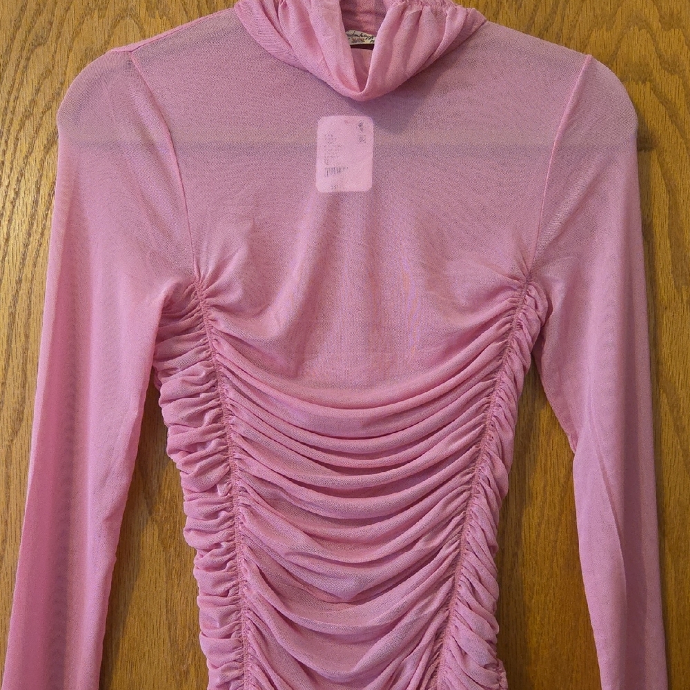 Free People Ruched Pink Sheer Long Sleeve Top